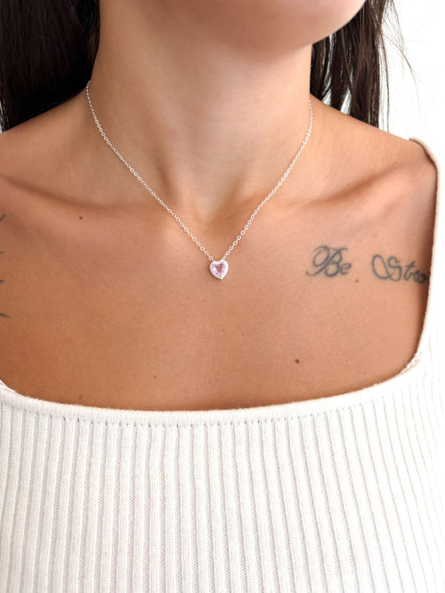 Colar Coração Cravejado Rosa